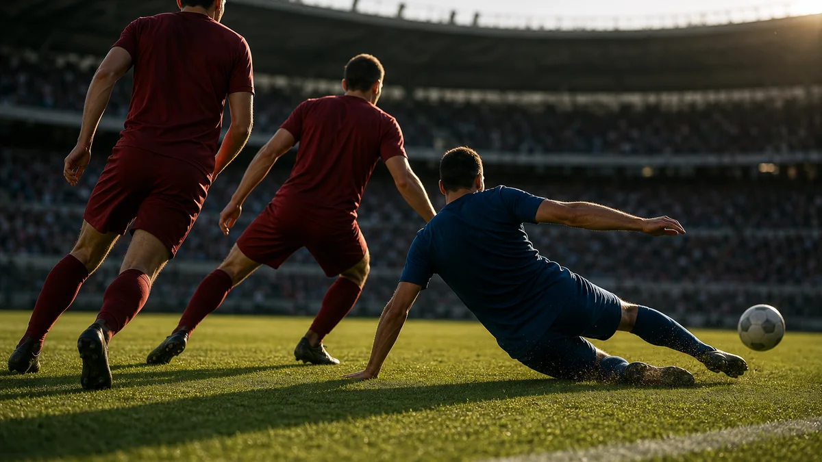 Puolustajat pitävät tiukkaa puolustuslinjaa italialaisella stadionilla ilta-auringossa